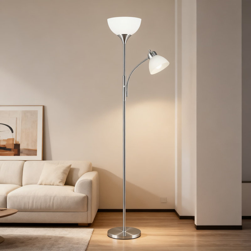 Industrial Floor Lamp With Stepless Dimming, Dual LED Bulbs & Adjustable Gooseneck, Dimmable Standing Lamp For Living Room, Bedroom, Office Reading