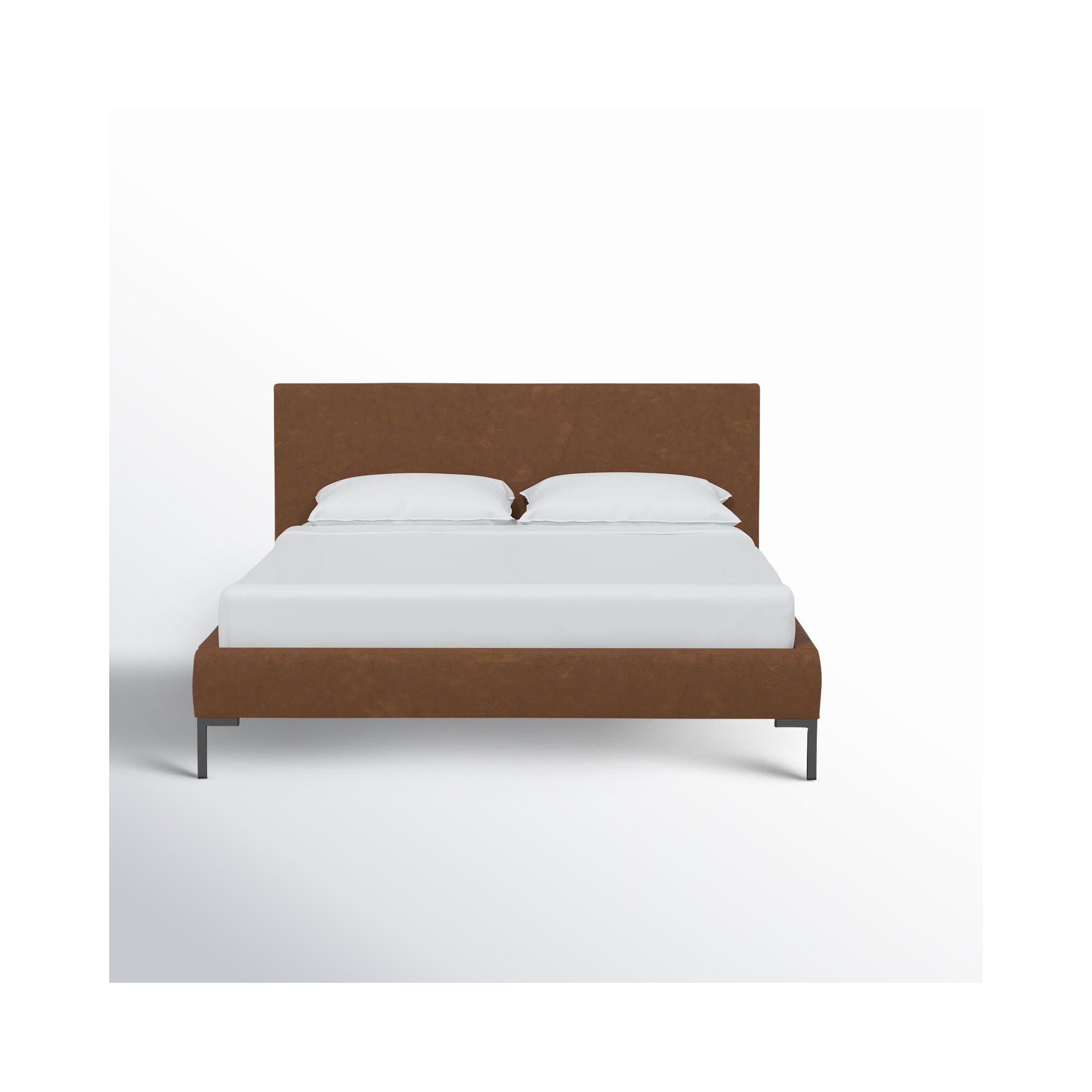 Rand Upholstered Bed, Full, Distressed Saddle Brown Performance Faux Leather, Black Wood