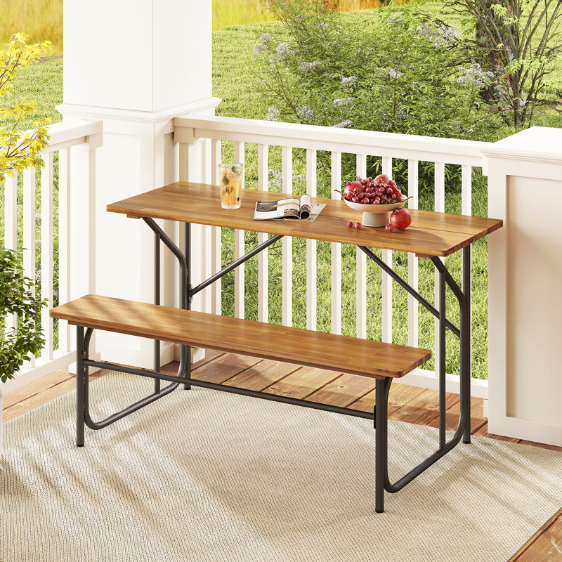  2PCS Table Bench Set for Picnic Table & Loveseat w/Acacia Wood Top Metal Legs