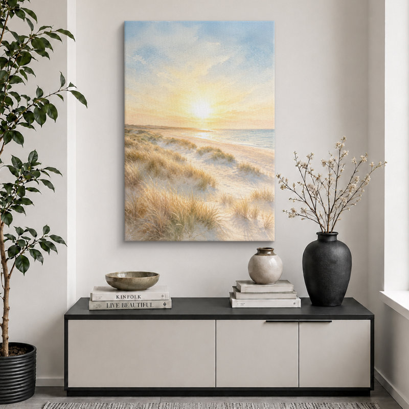 «Sunrise Over Peaceful Coastal Sand Dunes», reproduction d'art sur toile encadrée, impression sur toile, Toile tendue
