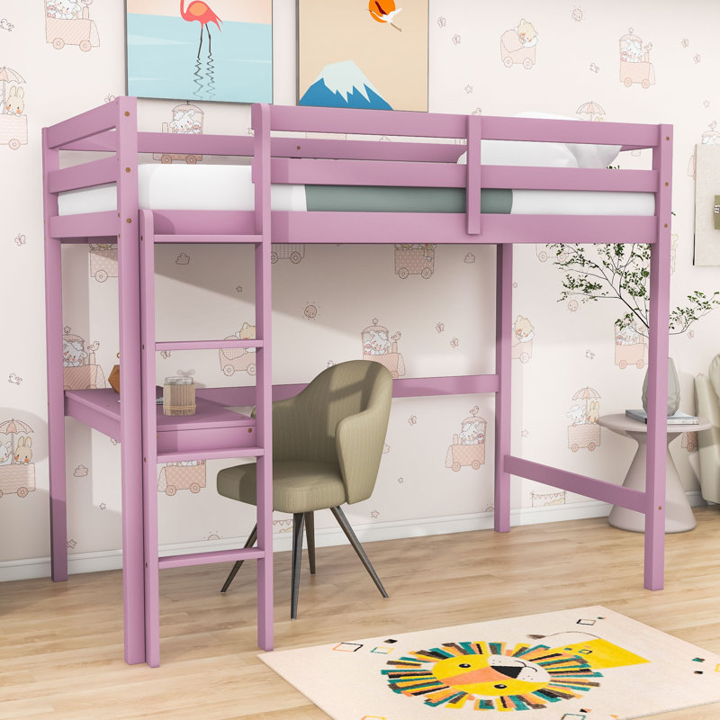 Lit mezzanine simple en bois avec bureau et caractéristiques de sécurité, Rose