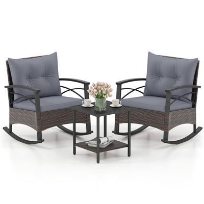 Winston Porter 3 Pcs Patio Rocker Set With 2-tier Coffee Table & Soft Seat Back Cushions Outdoor