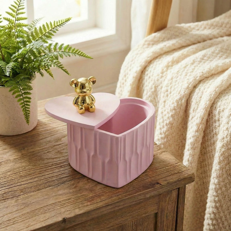 Boîte à bijoux en résine rose en forme de cœur avec ours en or métallique sur couvercle, boîte décorative et rangement à bijoux