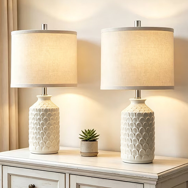 21” White Carved Ceramic Lamp(Set Of 2)