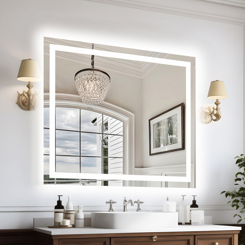 Miroir de salle de bain 48 x 40 pouces à DEL avec intensité réglable, température de couleur réglable, fonction de brouillard, compatibilité avec interrupteur mural, verre trempé de 5 mm pour une utilisation sécuritaire avec éclairage, 3 températures