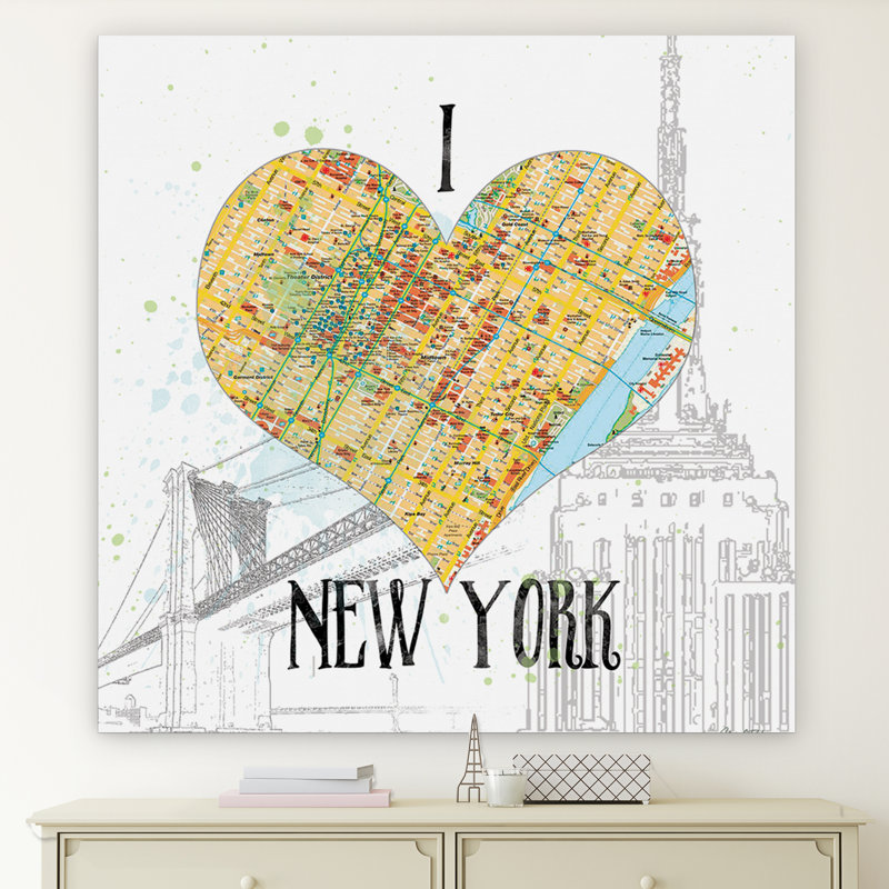" I Love NY Map ", 16" H X 16" W x 1.5" D