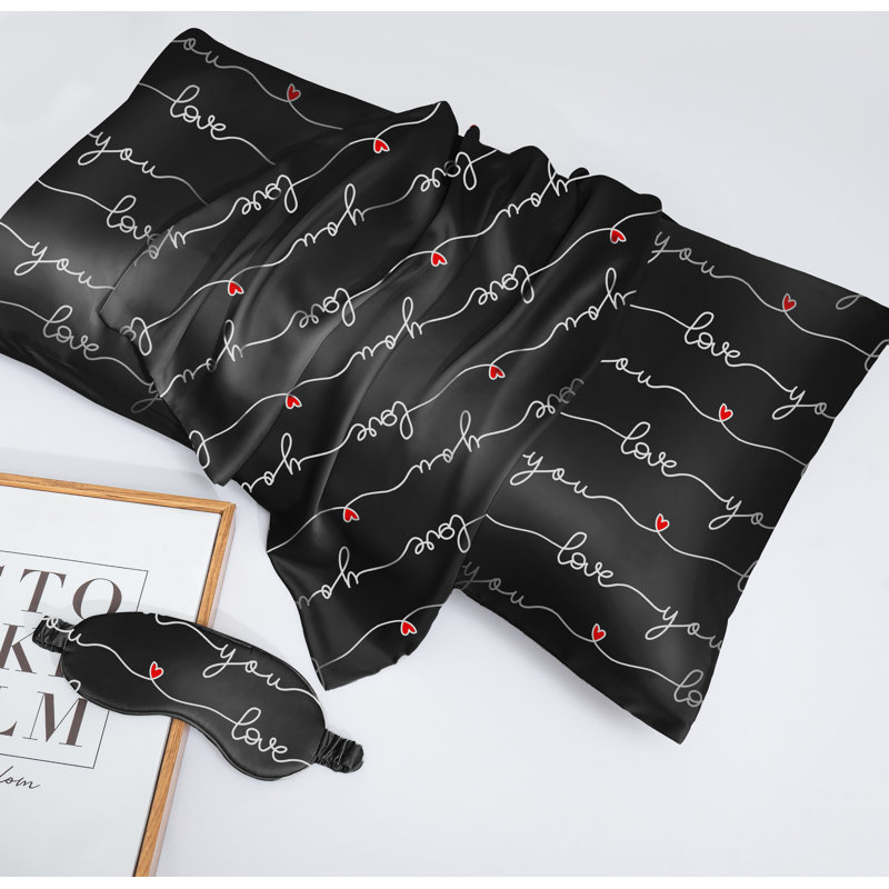 Taie d'oreiller 100% soie avec masque pour les yeux Wonderful Textile, Double, Noir géométrique