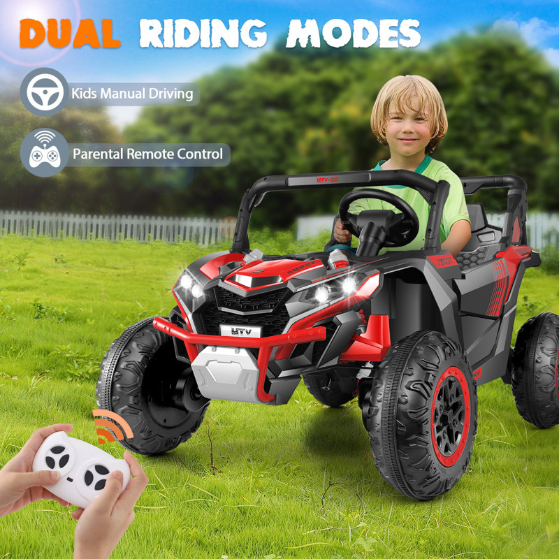 24V Ride On Cars UTV avec 2 sièges, 4 roues électriques pour enfants avec télécommande, rangement, 3 vitesses, musique Bluetooth