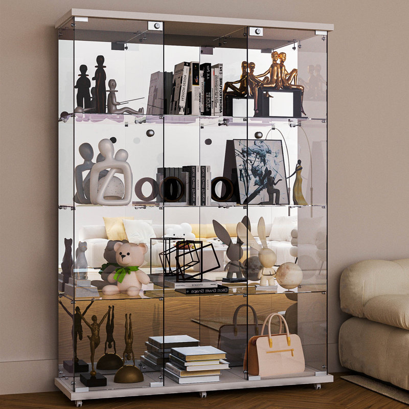 Anneliesse 4-Shelf Glass Display Cabinet with Mirrored Back, 3-Column Tempered Glass Display Case, White