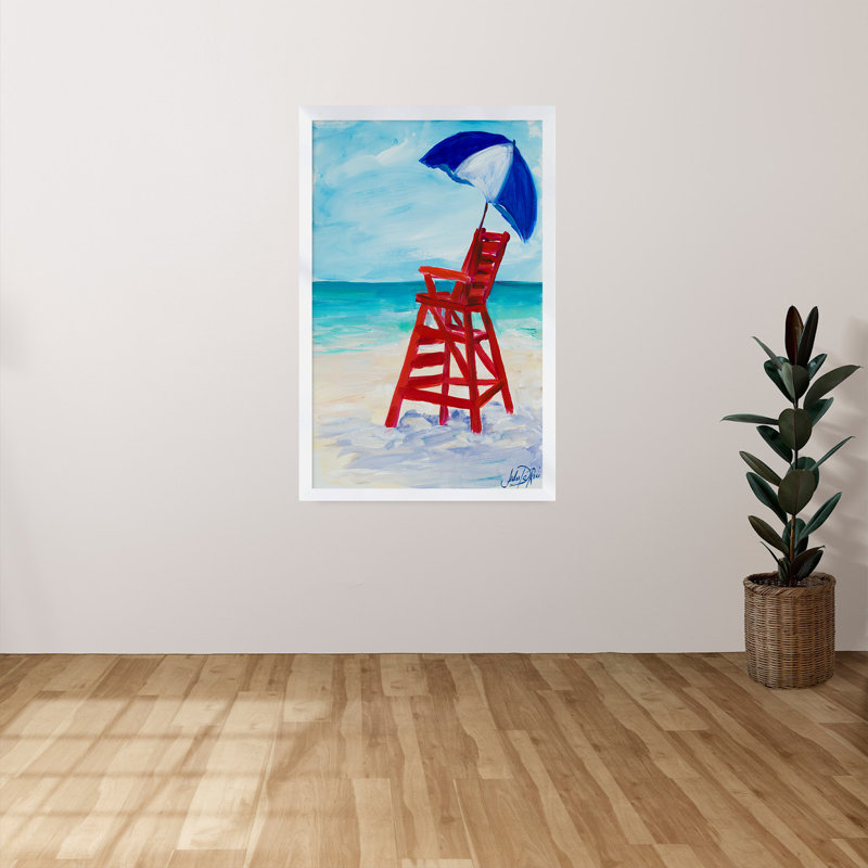 Lifeguard Post I - reproduction de peinture acrylique, H 49,5 po x l 33,5 po x P 1 po, Cadre blanc