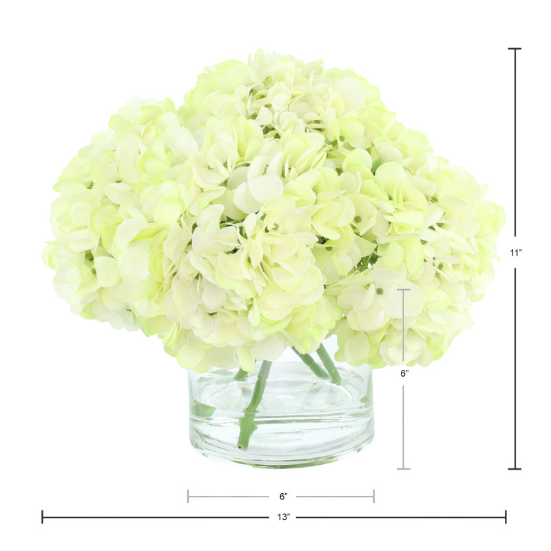 Hortensias disposés dans un vase en verre, Vert