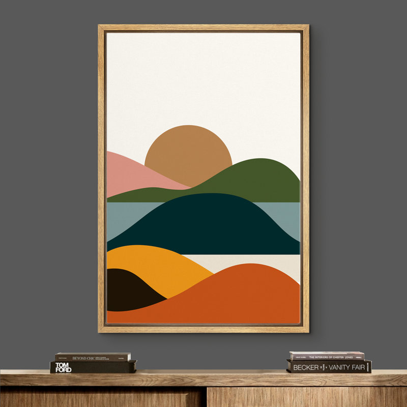 " Rising Brown Sun Over Multicolor Valley ", 36" H x 24" W x 1.5" D, Brown Framed