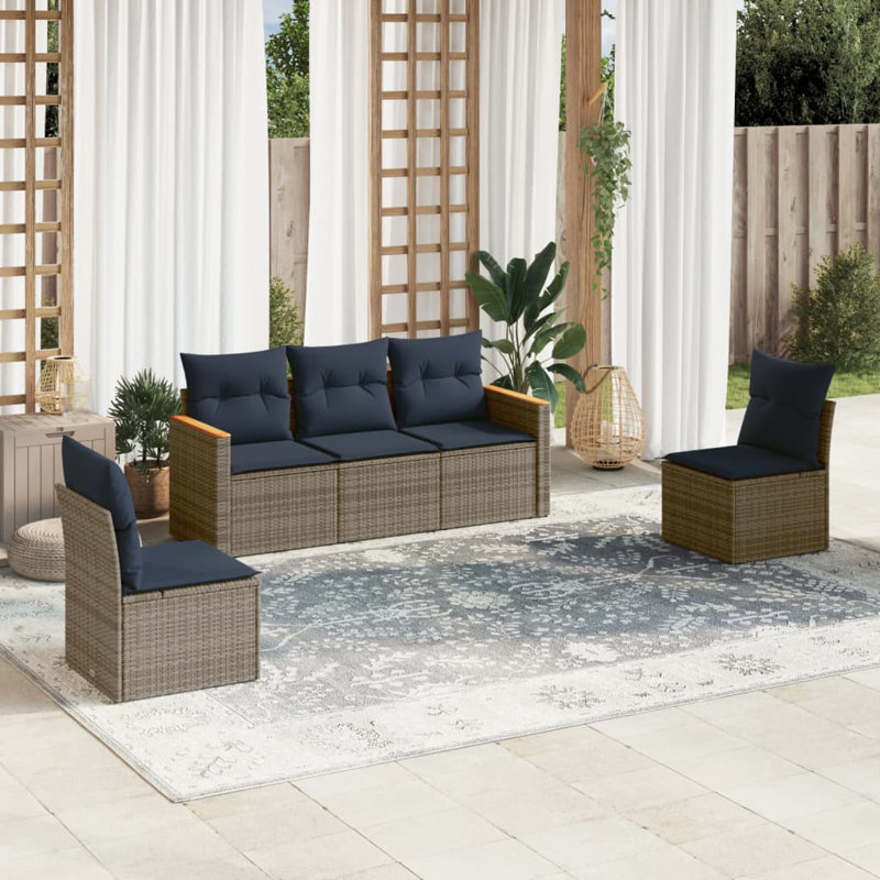 Ensemble de canapé de patio avec coussins 5 pièces Ebern Designs, Coussin bleu sarcelle / structure noire
