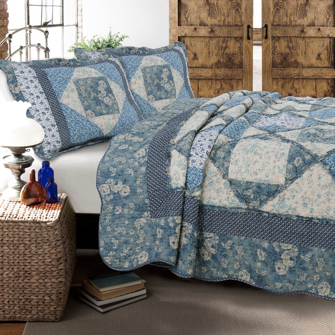 Monique Blue/Teal/Off-White Reversible Farmhouse 3 Piece Quilt Set Cozy Line Home Fashion Mattress 