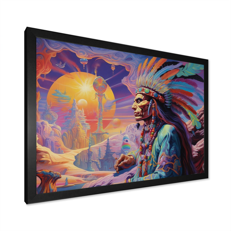 " Native Shaman Ancient Wisdom ", Black Single Picture Framed, 12" H x 20" W x 1" D