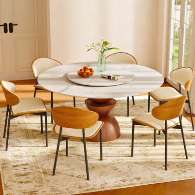 7Pcs Round Dining Table Set - Lazy Susan + 6 Upholstered Chairs