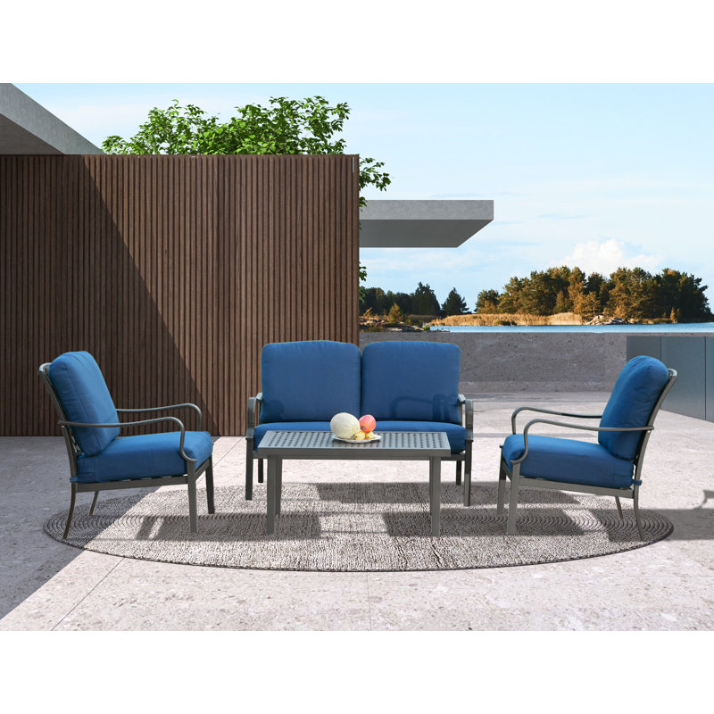 Ferruccia Metal 4 - Person Seating Group with Table and Cushions, Navy Blue