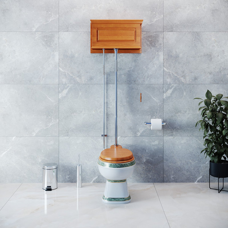 Light Oak Victorian High Tank Pull Chain Toilet – Elongated Bowl, 1.6 GPF Gravity Flush, Adjustable Height Wall Mounted Tank with Chrome L-Pipe (Seat Not Included)