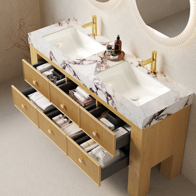 60" Bathroom Vanity with Sink, Freestanding Plywood Bathroom Storage Cabinet with 6 Drawers, Sintered Stone Countertop with and 2 Ceramic Basins