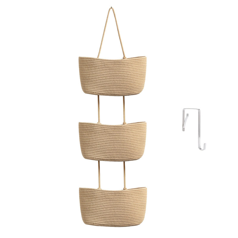Sac de rangement mural en coton tissé à 3 niveaux, Brun
