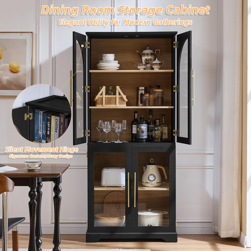 72" Curved Glass Door Bookcase, Black