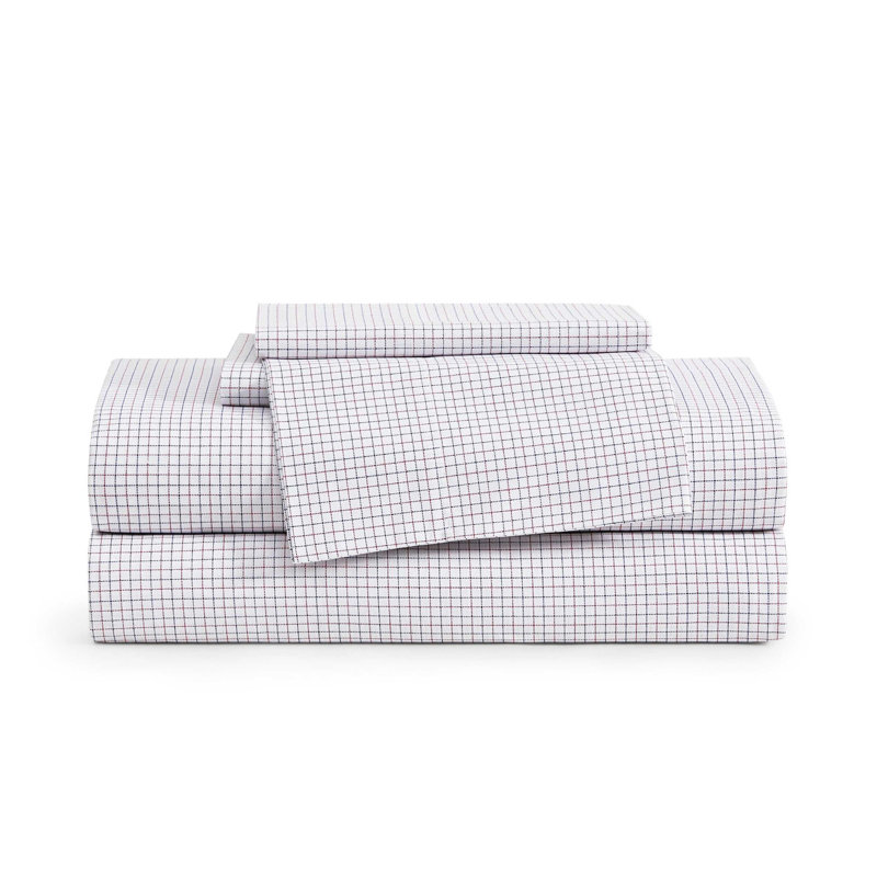 Tommy Hilfiger Printed Percale Cotton Sheet Set, Full Sheet Set with 2 Pillowcases, New England Plaid Blue