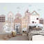 Papier peint amovible maisons avec ciel bleu, nuages, croissant, lune et minuit-99178368
