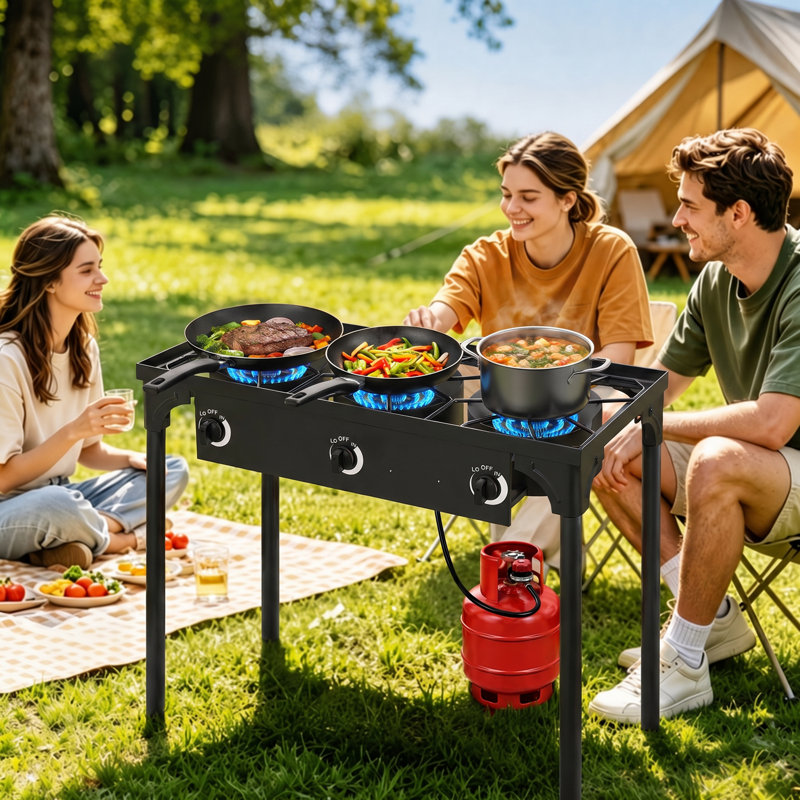 Poêle de camping extérieur avec pare-brise et table d'appoint, Sans barrières latérales