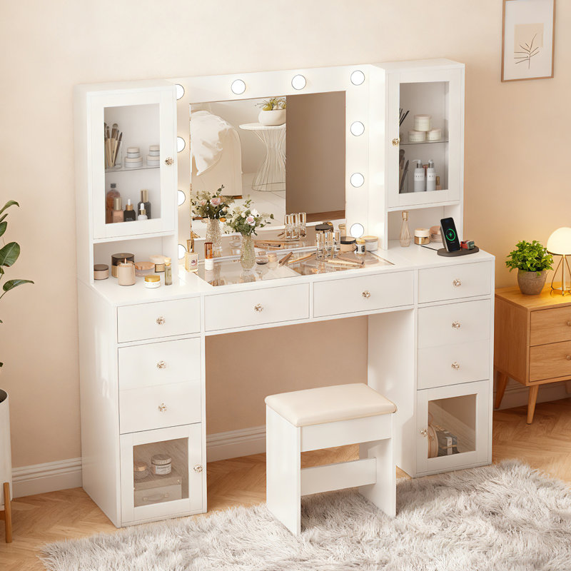 Coiffeuse 55 po avec prise de courant et miroir lumineux, 3 modes d'éclairage réglables, coiffeuse avec fauteuil pour chambre à coucher