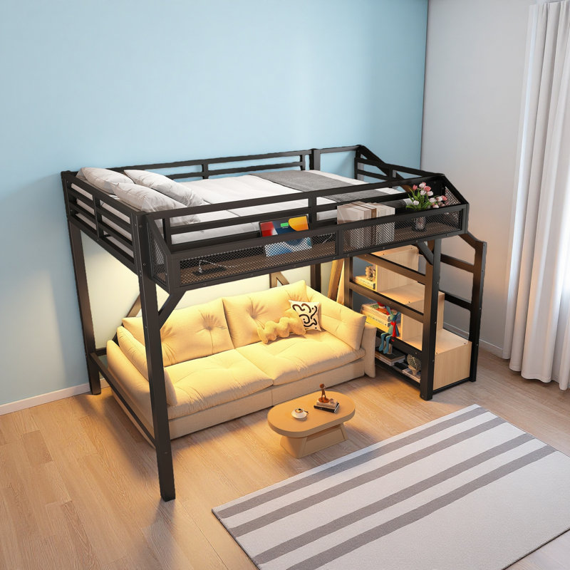 Twin Loft Bed With Storage Stairs, Shelves And Built-In Wardrobe, Metal Loft Bed Frame With USB Ports And LED Lights, Twin