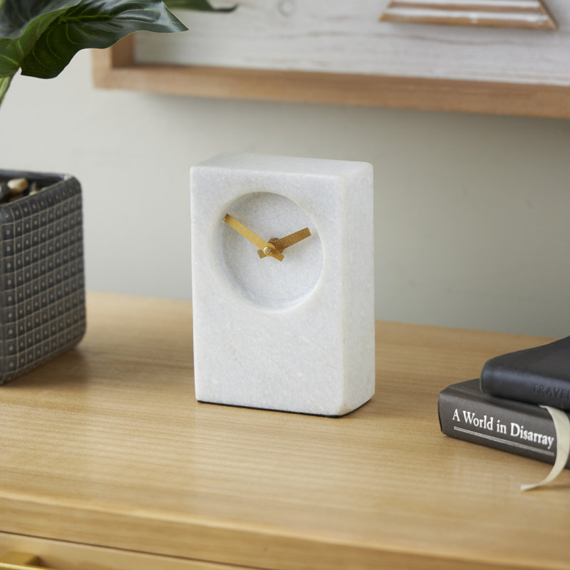 Analog Marble Quartz Movement / Crystal Tabletop Clock White, 6.2" H x 4.1" W x 2.55" D