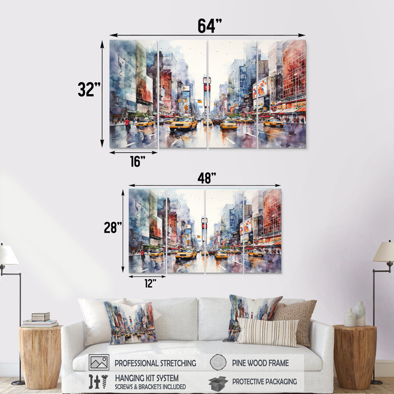 Ensemble d'art mural 4 pièces Times Square New York Cityscape I - New York, H 28 po x l 48 po
