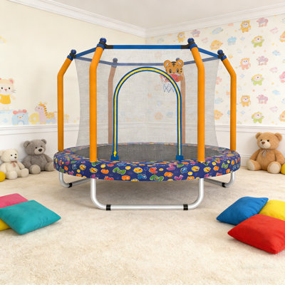 Trampoline 55 po pour enfants, bébé intérieur / extérieur avec filet de sécurité, tout-petit réglable avec panier de basketball