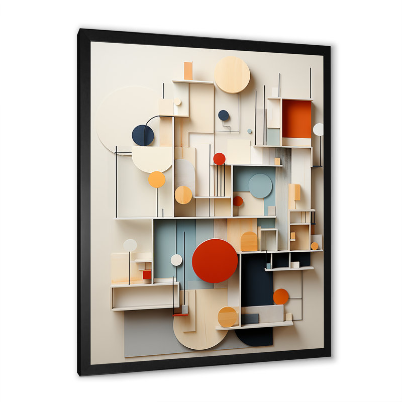 Abstrait géométrique blanc et bleu - Formes essentielles abstraites, Cadre simple noir, H 40 po x l 30 po x P 1,5 po