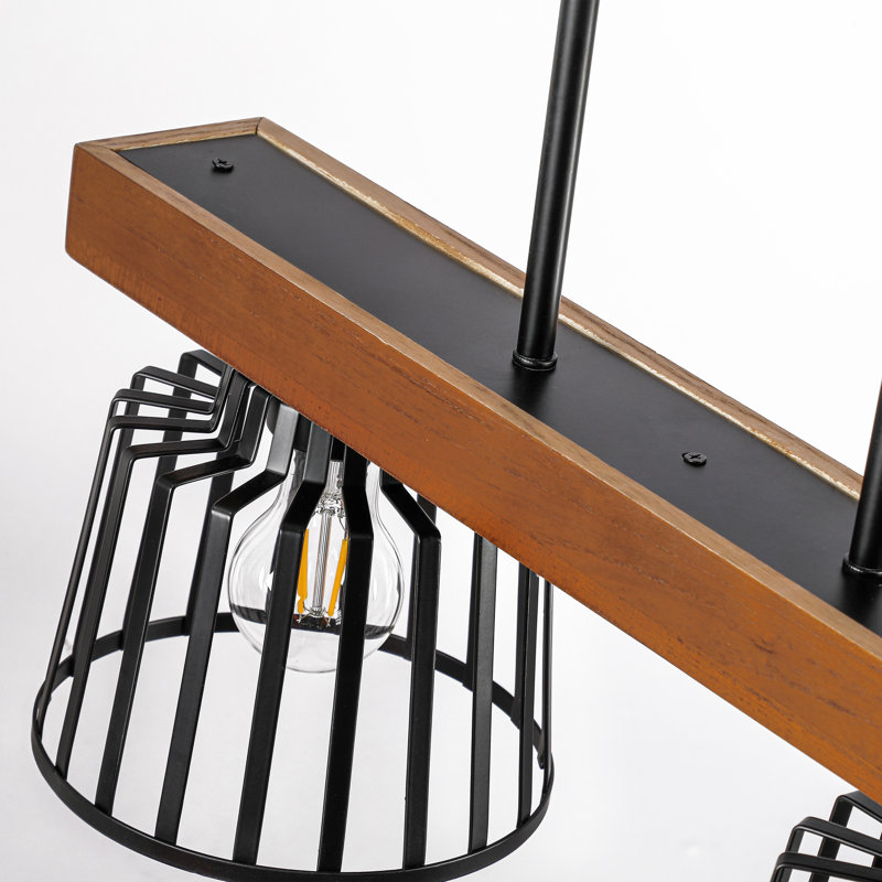 Luminaire suspendu linéaire en bois et cage noire 2 lumières Aldo, Deux lumières