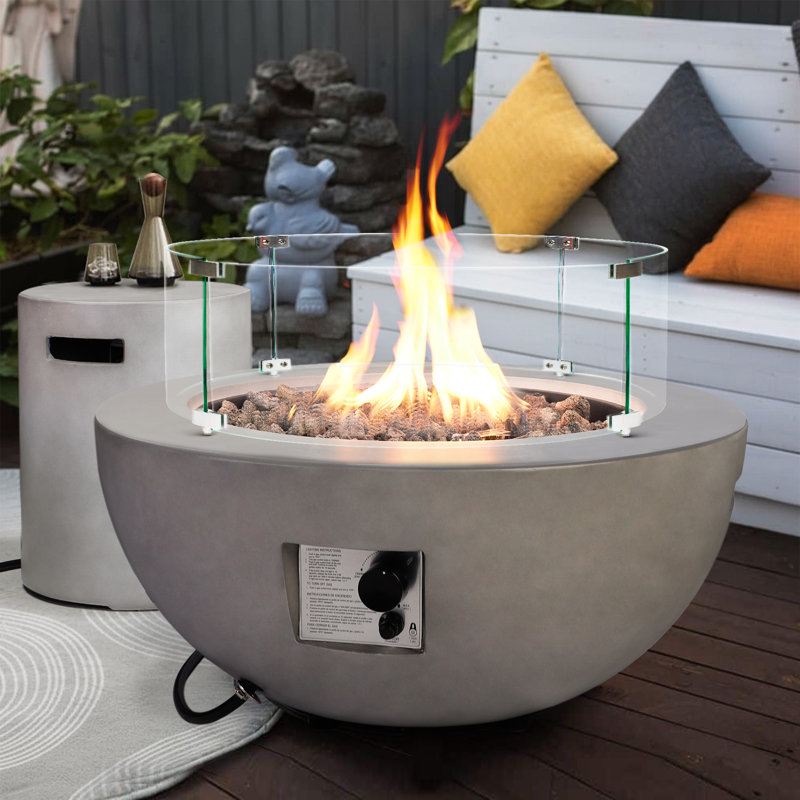 31.5-inch Round Concrete Propane Fire Pit Table,50,000 BTU,Includes Lid,Glass Wind Guard,and Lava Rocks,CSA Certified,for Patio,Deck,or Backyard