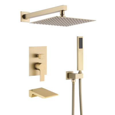 Complete Shower Kit With 12" Head And Handheld, Wall Mounted, Ceramic Disc, Balance, Magnificent Look, Brushed Gold Elegant