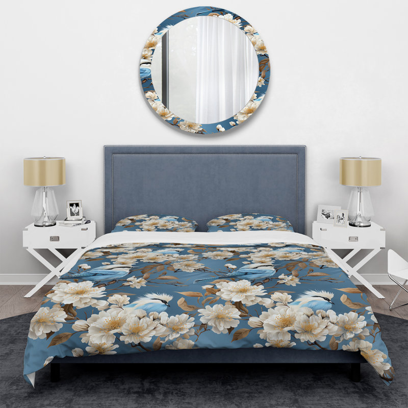 Ensemble de housse de couette à motif floral White and Blue Bird Serenade III
