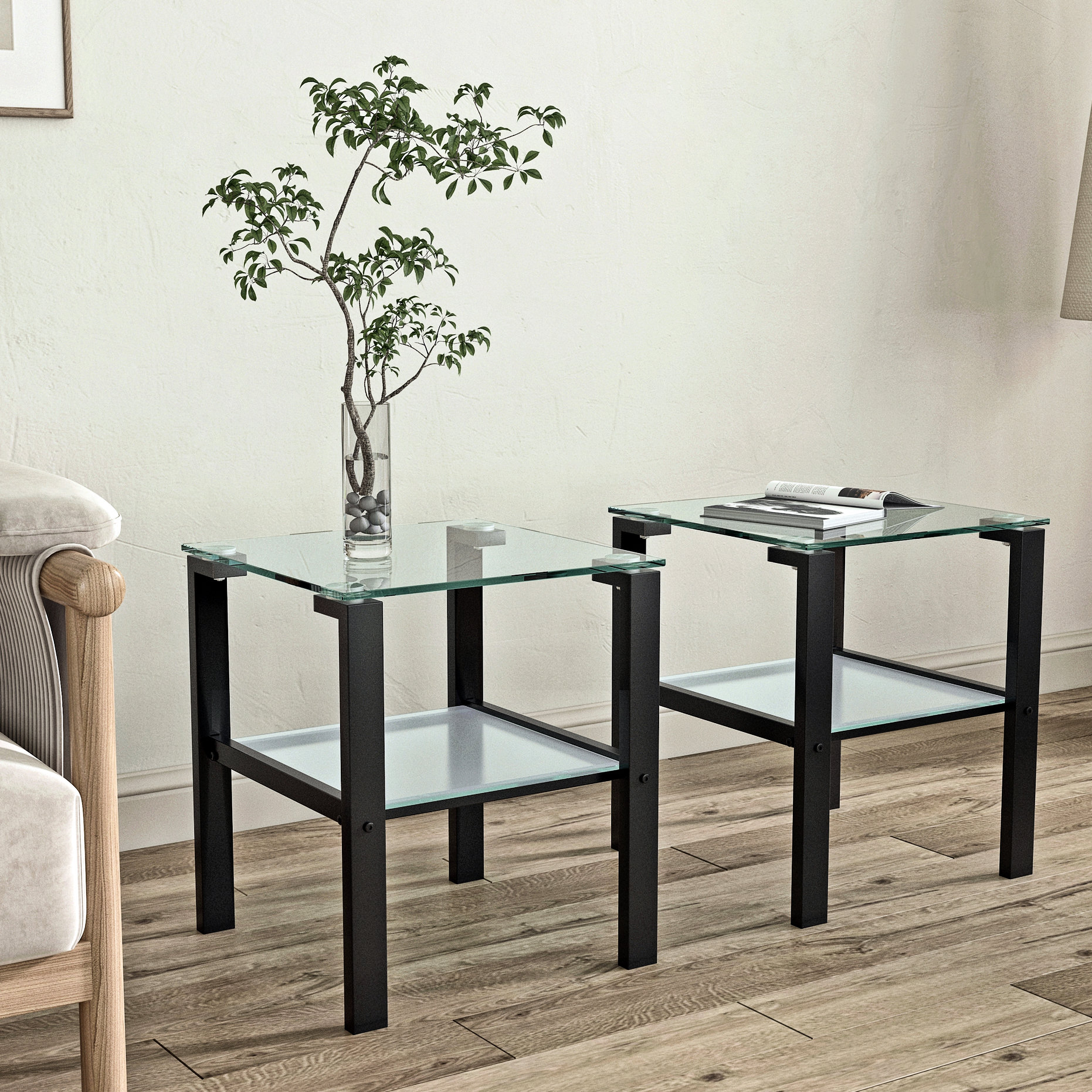 Wrought Studio™ 2pcs Small Round Tempered Glass Bedroom Tables, Tables ...