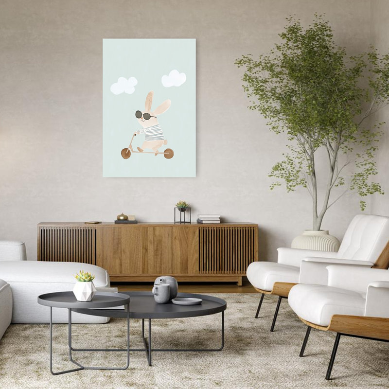 Cool Bunny Scooter Ride Modern Playful Whimsical Rabbit Forest Landscape Wall Art Print by Mathieu - Wrapped Canvas Print