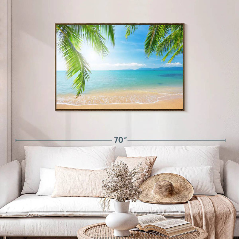 Cocotiers et plage, Cadre flottant en noyer, 43 po x 29 po