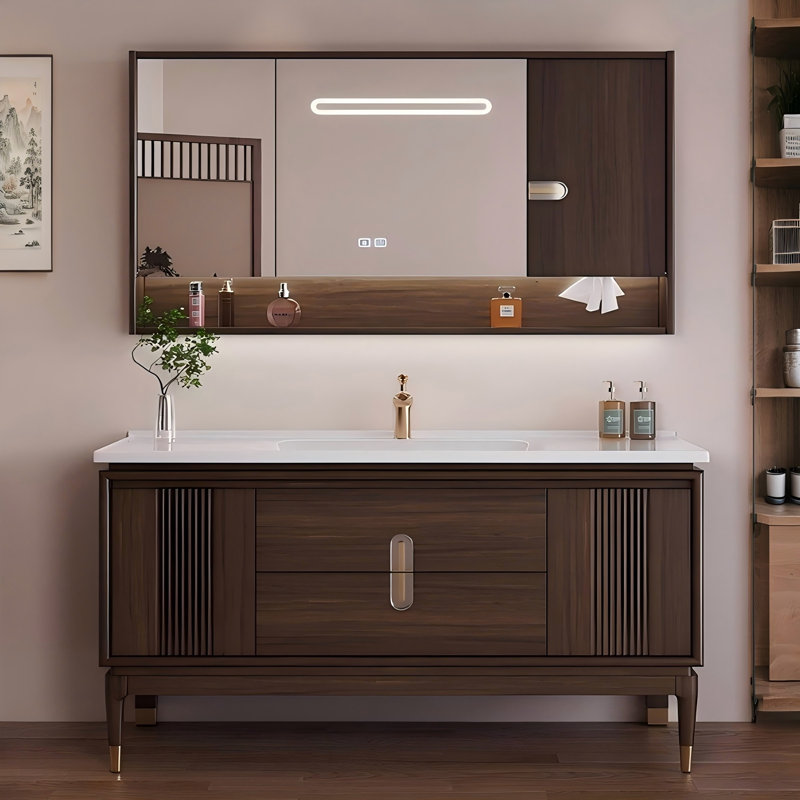 Meuble-lavabo autoportant en bois d'hévéa brun et blanc 44,09 po avec miroir, 44"