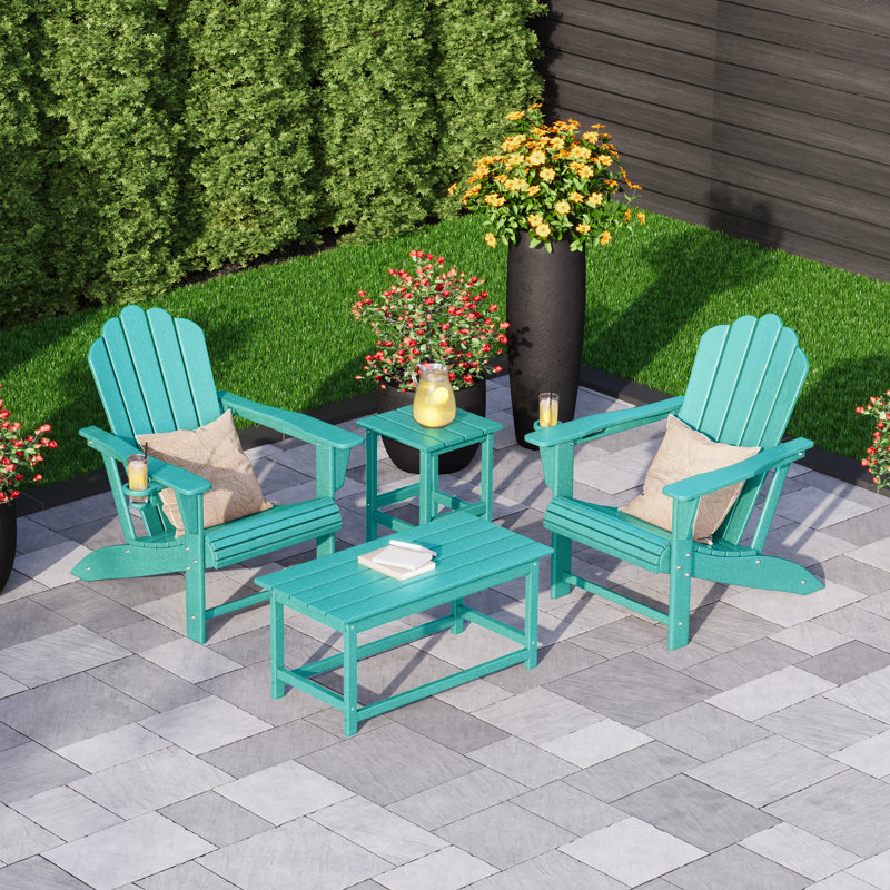 Outdoor Poly Adirondack Chair With Side Table And Coffee Table 4-Piece Set, Turquoise