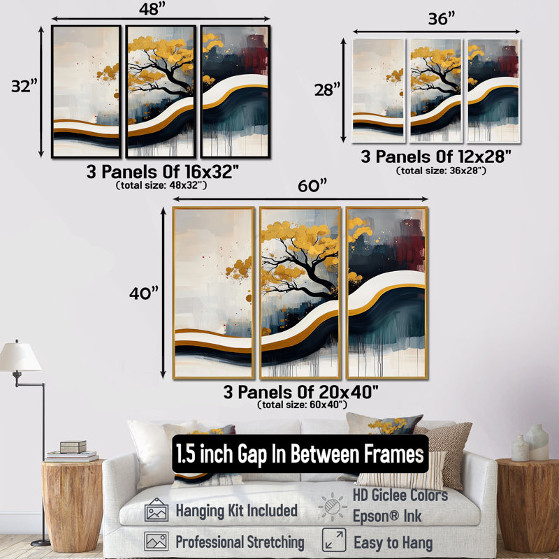 Abstrait Bonzai Roots and Reflections - Still Lifes, art mural sur toile - 3 panneaux, H 28 po x l 36 po, Doré