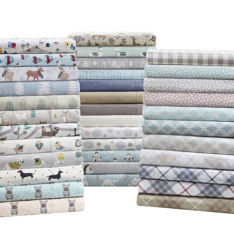 Twin XL White Village Print Cotton Flannel Sheet Set
