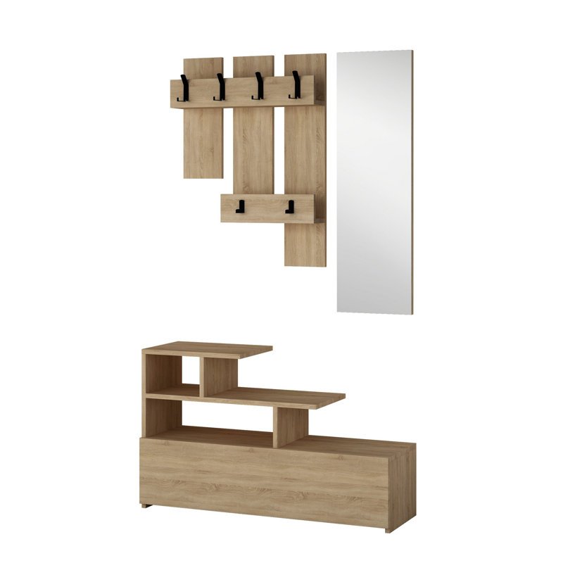 Modern Hall Stand with Mirror, Oak Finish, 39.4 x 24.0 x 11.8 inches | 100% Melamine Coated Particle Board, Soft-Close Hinges, Wall-Mountable, Multiple Shelves | Elegant Design for Entryway & Coat Organization