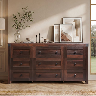 63" W 9-Drawer Farmhouse Dresser for Bedroom, Rustic Brown Wood Large Storage Organizer, TV Stand for 70 inch TV for Living Room, Hallway, Wide Chest of Drawers