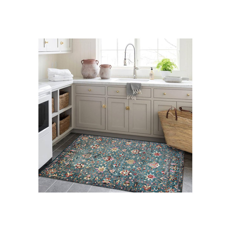 Tapis traditionnel lavable à motif turquoise, Rectangle 2 pi 4 po x 3 pi 11 po 