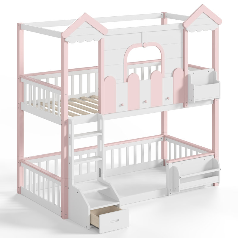 Lit superposé simple en bois avec bibliothèque et tiroir de rangement Havenwood, Rose et blanc