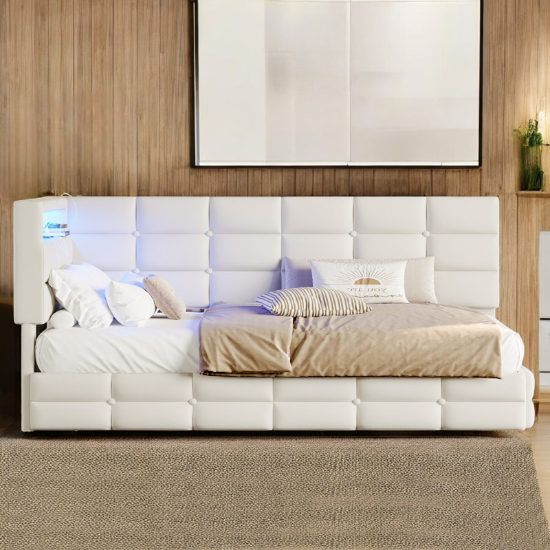 Upholstered Daybed With Storage Drawers, Beige